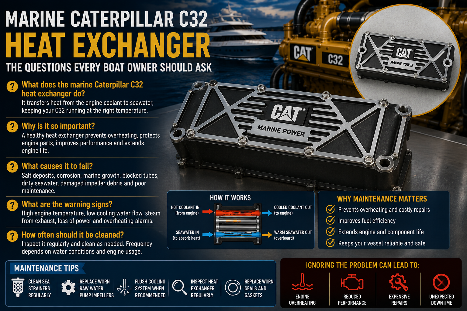 Marine Caterpillar C32 Heat Exchanger | Maintenance Guide & Common Problems