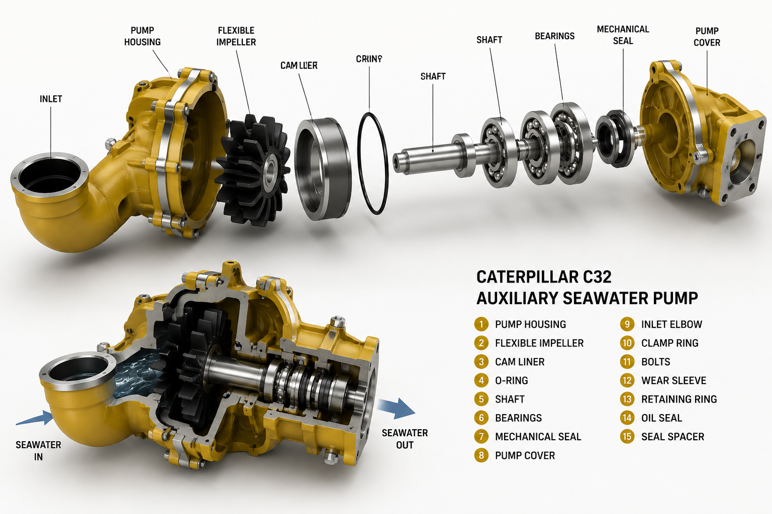 Caterpillar Marine C32 Seawater Pump Guide | Alfa Marine Spare Parts