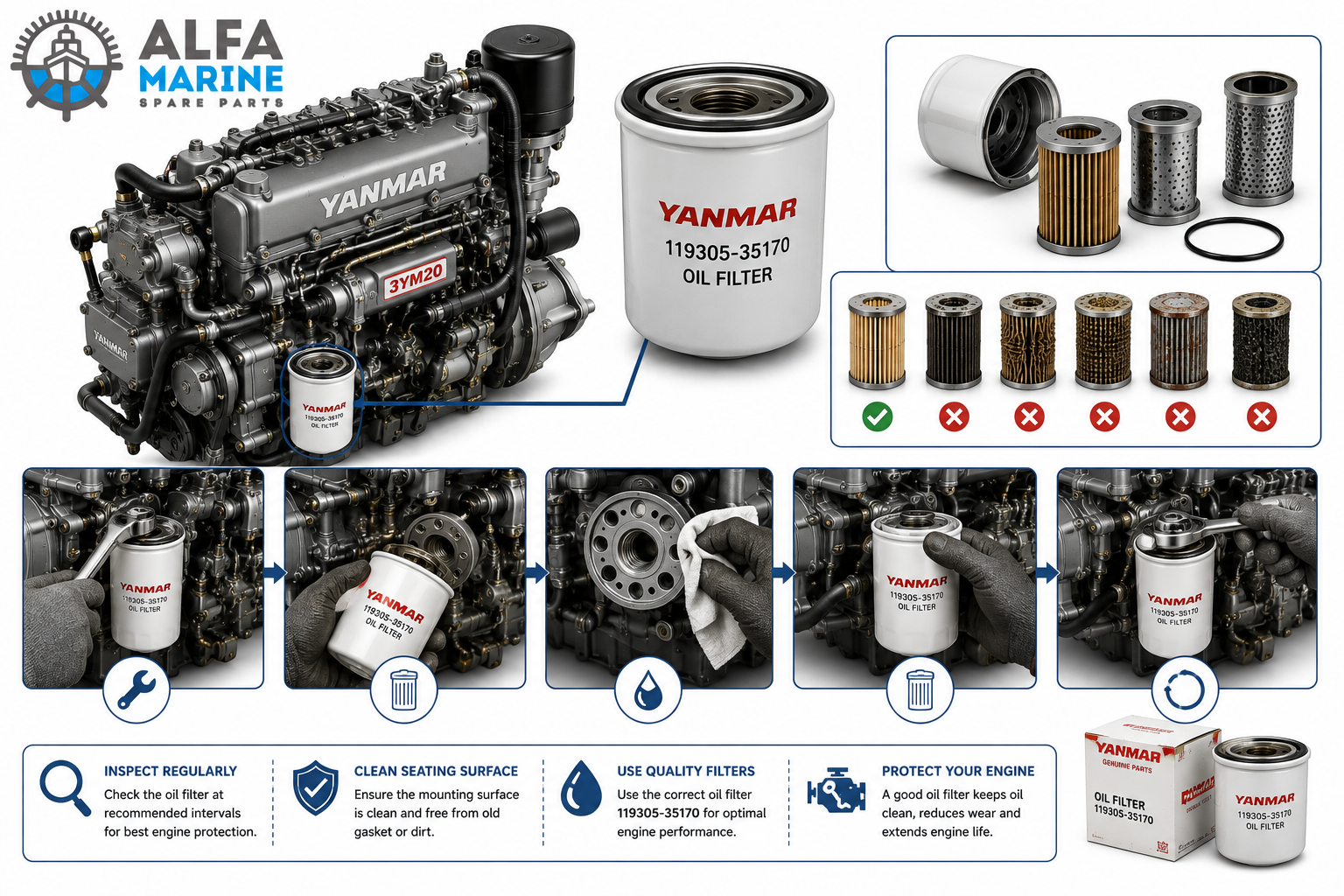 Yanmar 3YM20 Oil Filter 119305-35170 Inspection Guide