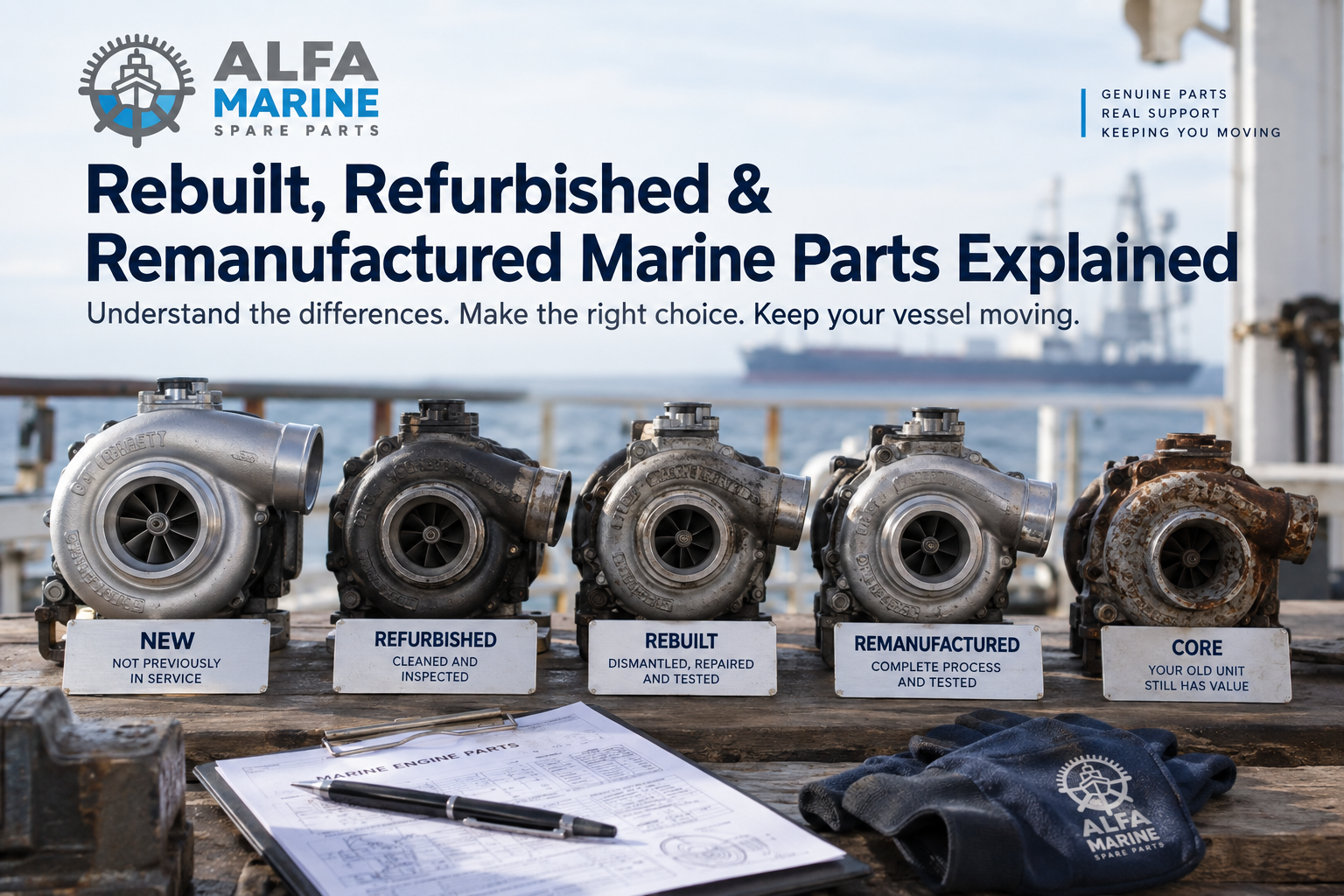 Rebuilt refurbished and remanufactured marine engine parts with core exchange