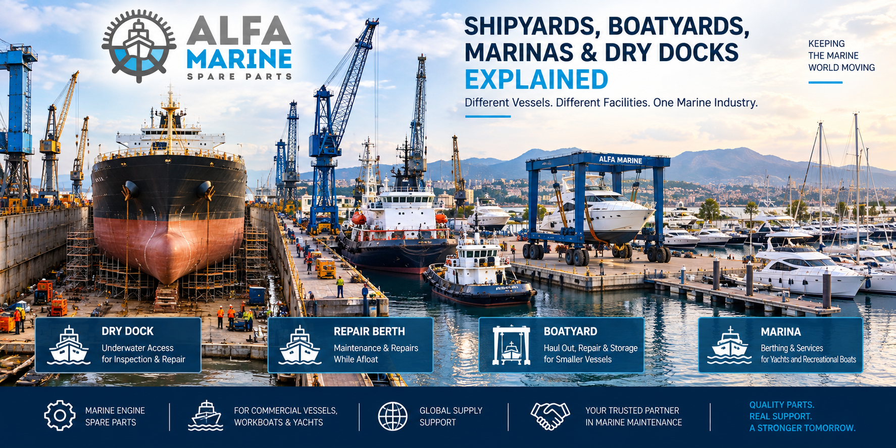 Shipyard with commercial ship in dry dock and yachts in marina