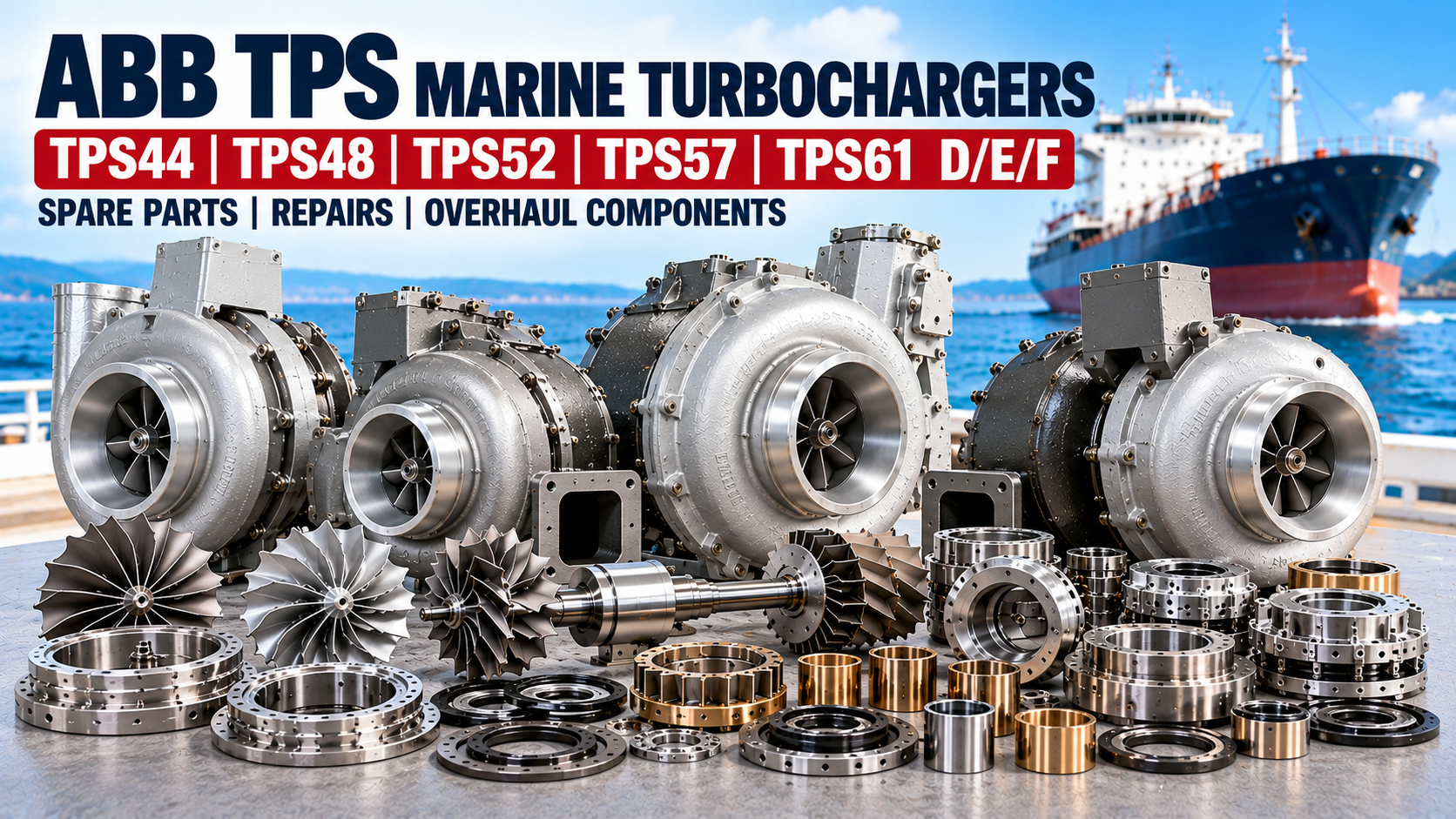 ABB TPS44 TPS48 TPS52 TPS57 TPS61 D E F marine turbocharger spare parts including rotor assemblies compressor wheels turbine shafts bearings and overhaul components