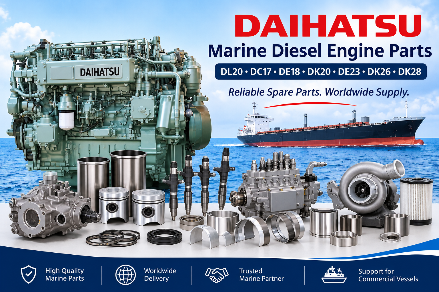 Daihatsu DL20 DC17 DE18 DK20 DE23 DK26 and DK28 marine diesel engine spare parts for maintenance repair and overhaul