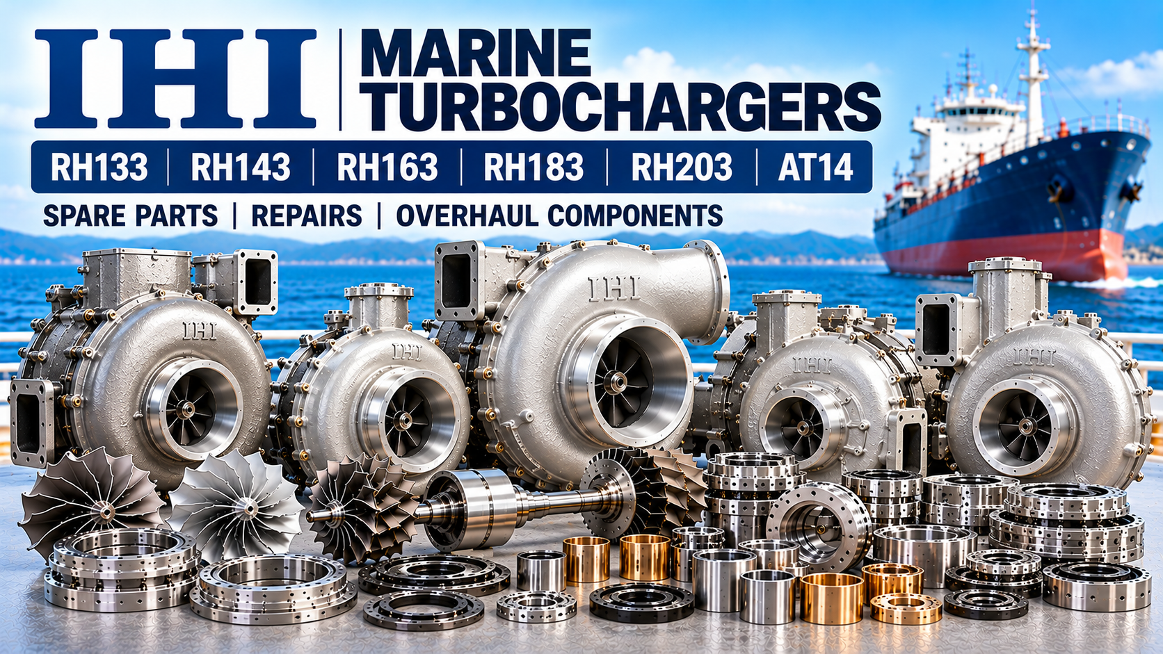 IHI RH133 RH143 RH163 RH183 RH203 AT14 marine turbocharger spare parts including rotor assemblies compressor wheels turbine shafts bearings and overhaul components