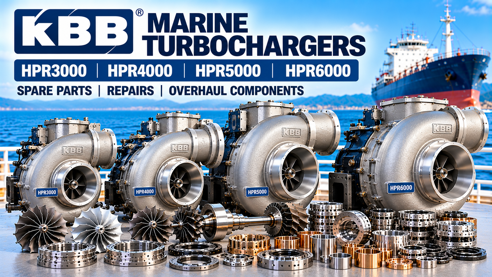 KBB HPR3000 HPR4000 HPR5000 HPR6000 marine turbochargers, rotor assemblies, compressor wheels, turbine shafts, bearings and overhaul spare parts