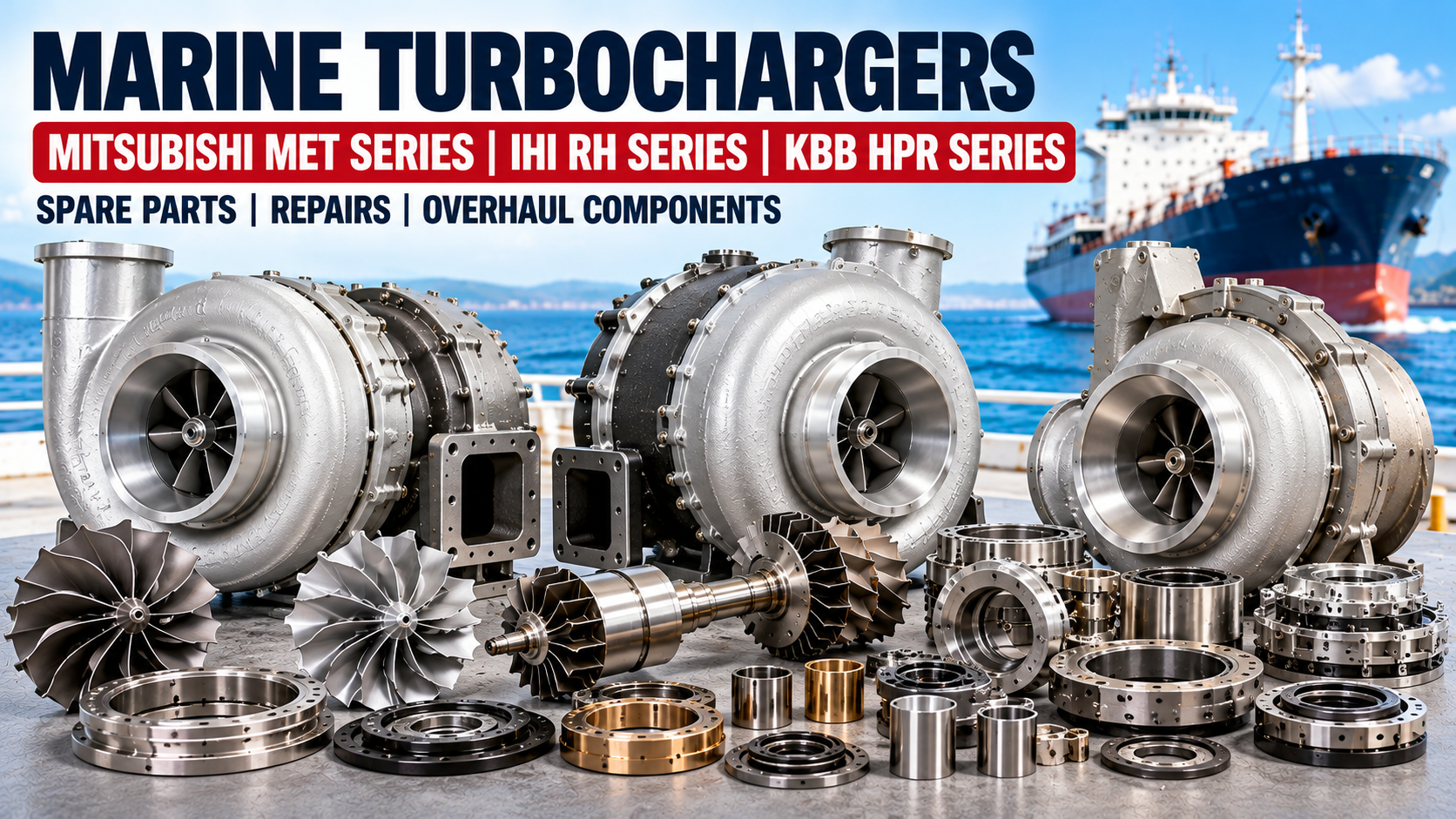 Mitsubishi MET IHI RH AT and KBB HPR marine turbocharger spare parts online including rotor assemblies bearings compressor wheels turbine components and overhaul parts