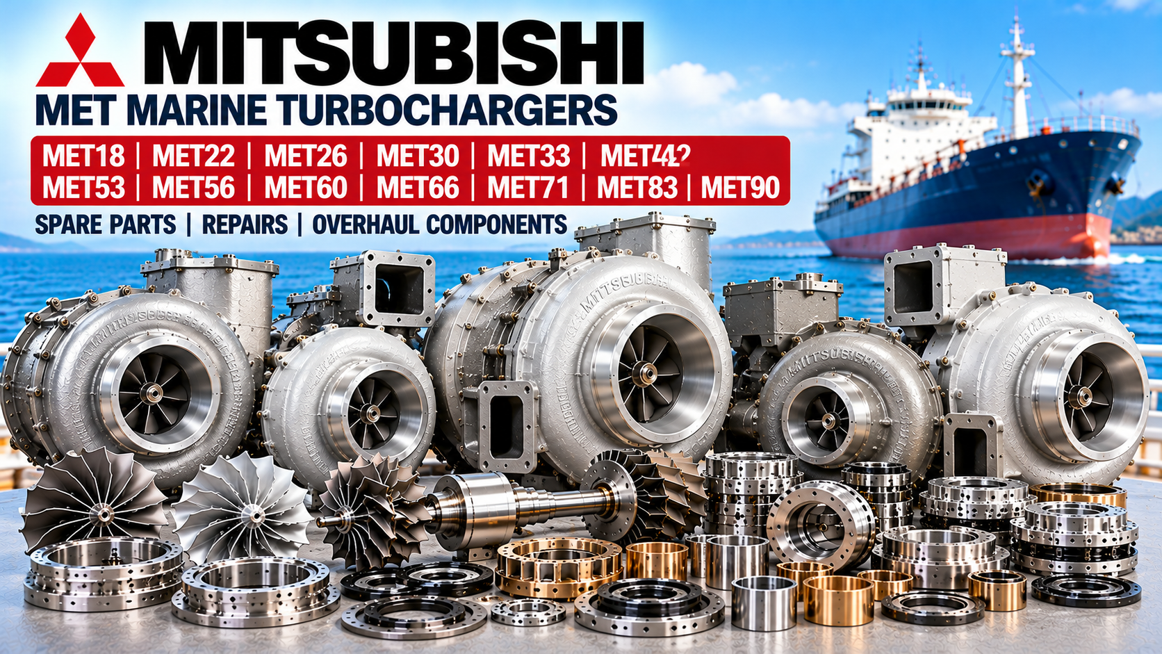 Mitsubishi MET18 MET22 MET26 MET30 MET33 MET42 MET53 MET56 MET60 MET66 MET71 MET83 MET90 marine turbocharger spare parts and overhaul components