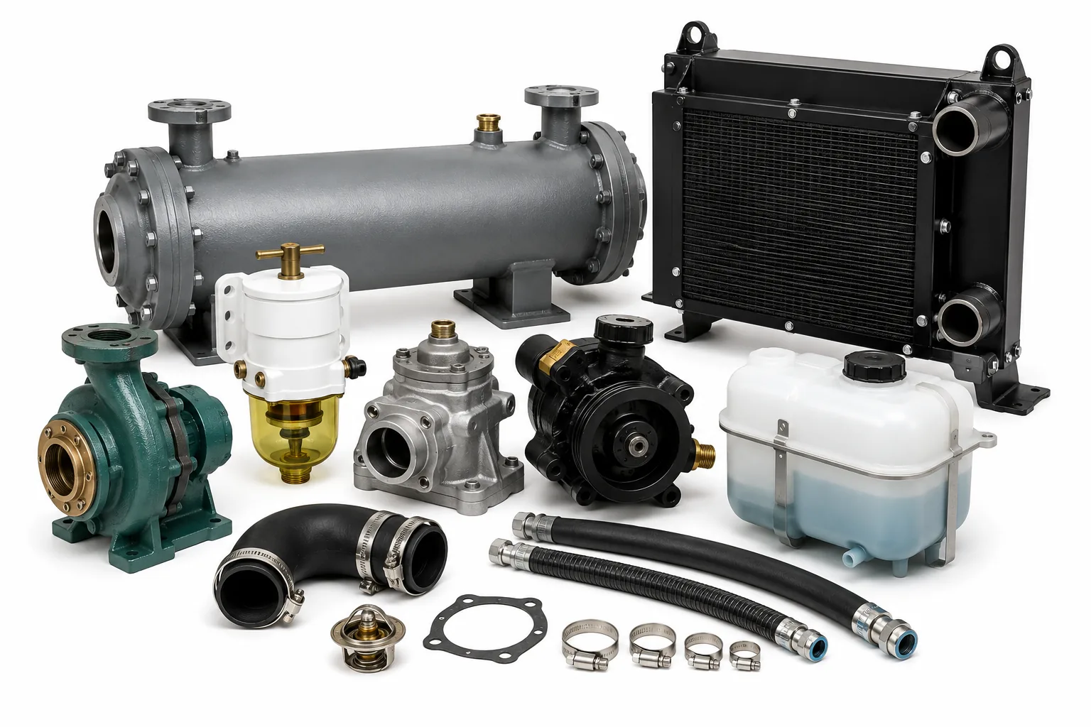 Complete commercial marine engine cooling systems, vessel raw water cooling circuits, and closed-loop cooling system components by Alfa Marine Spare Parts.