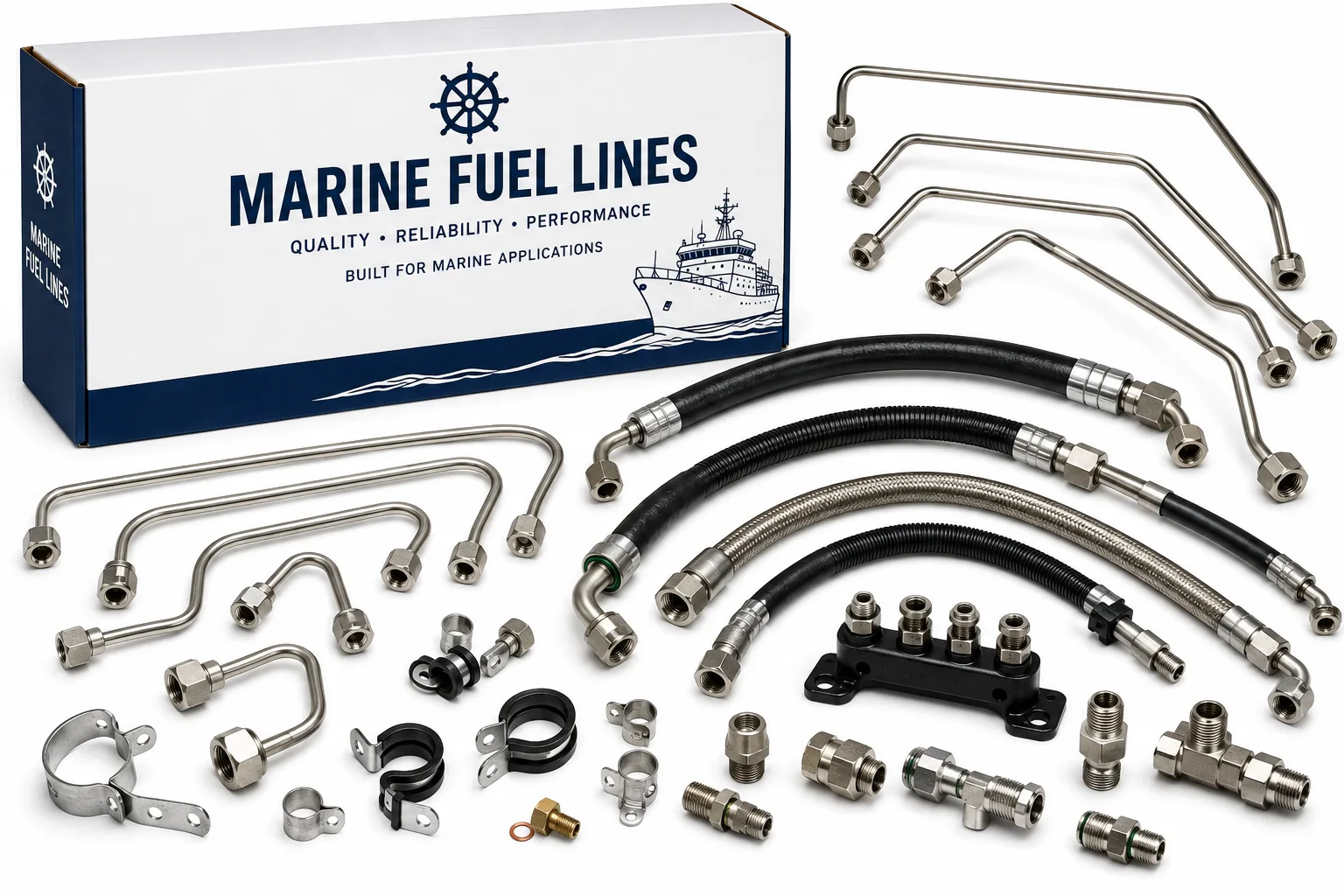 High-pressure commercial marine fuel lines, flexible fuel hoses, and heavy-duty fuel injection pipes for vessel diesel engines by Alfa Marine Spare Parts.