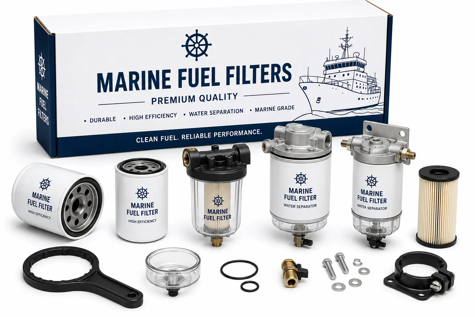 Heavy-duty marine diesel fuel filters, spin-on fuel filter elements, primary water separators, and secondary fuel filtration cartridges by Alfa Marine Spare Parts.