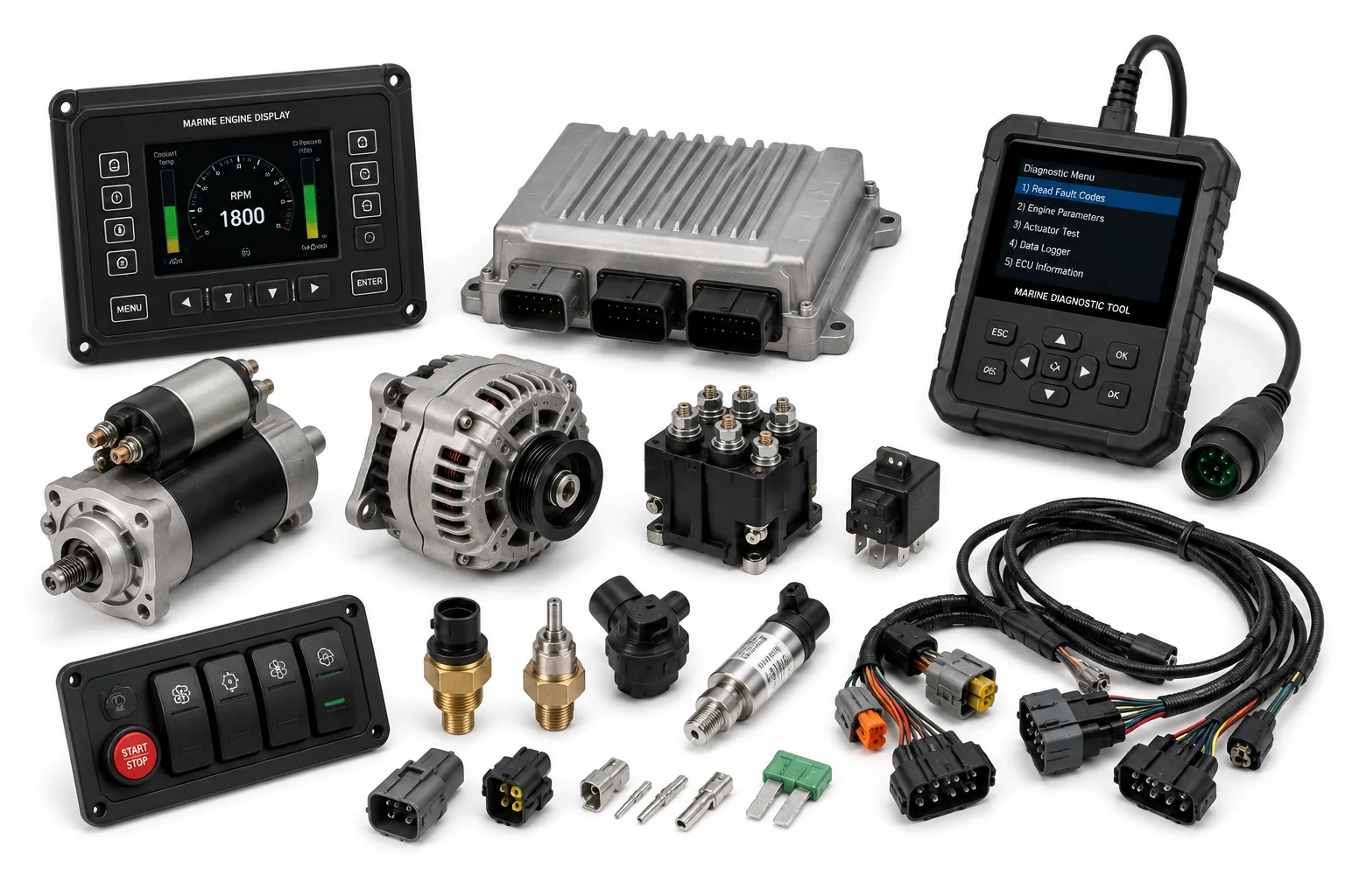 Electrical assemblies, control modules, and diagnostic system parts for commercial marine engines by Alfa Marine.