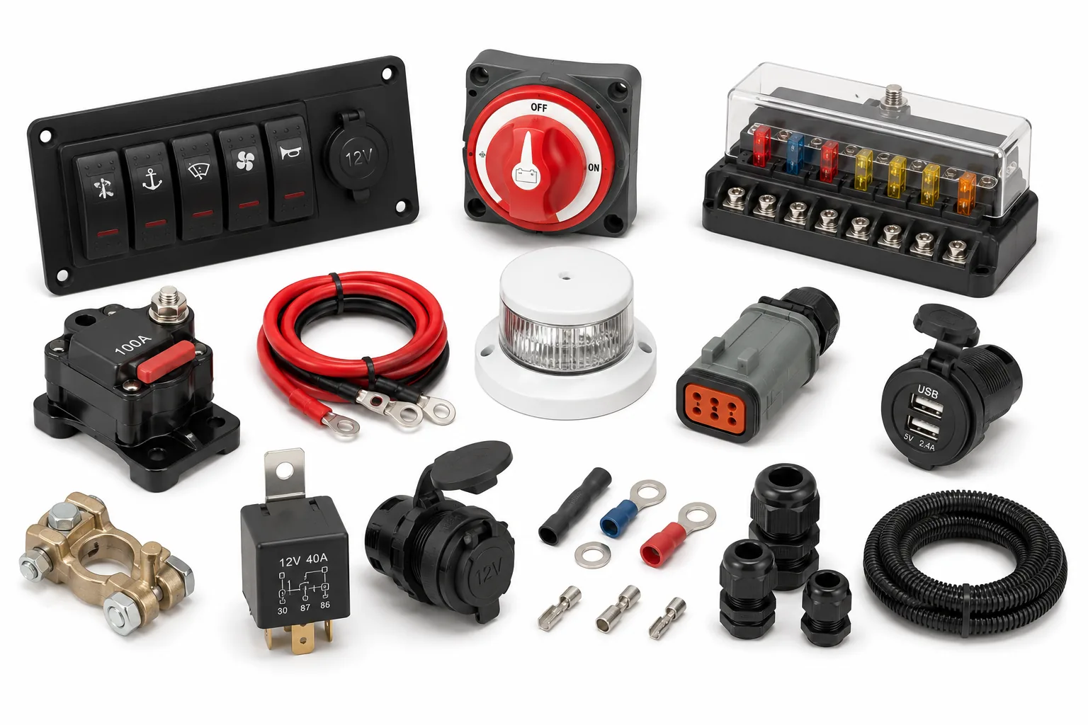 Heavy-duty marine electrical accessories, vessel wiring installation components, marine-grade connectors, fuse blocks, and circuit protection by Alfa Marine Spare Parts.