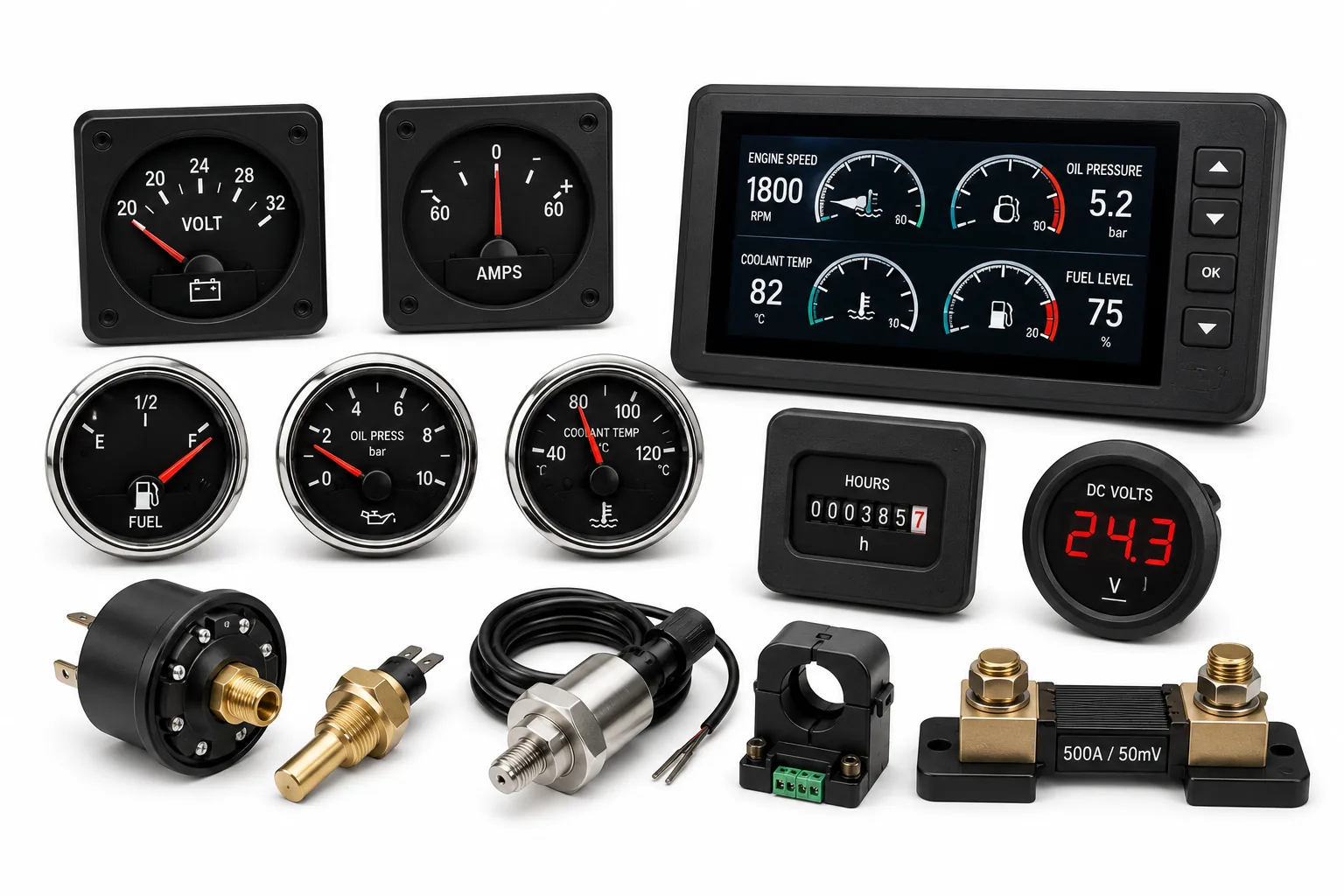 Commercial marine electrical instruments, engine dashboard gauges, digital voltmeters, ammeters, and marine-grade testing equipment by Alfa Marine Spare Parts.