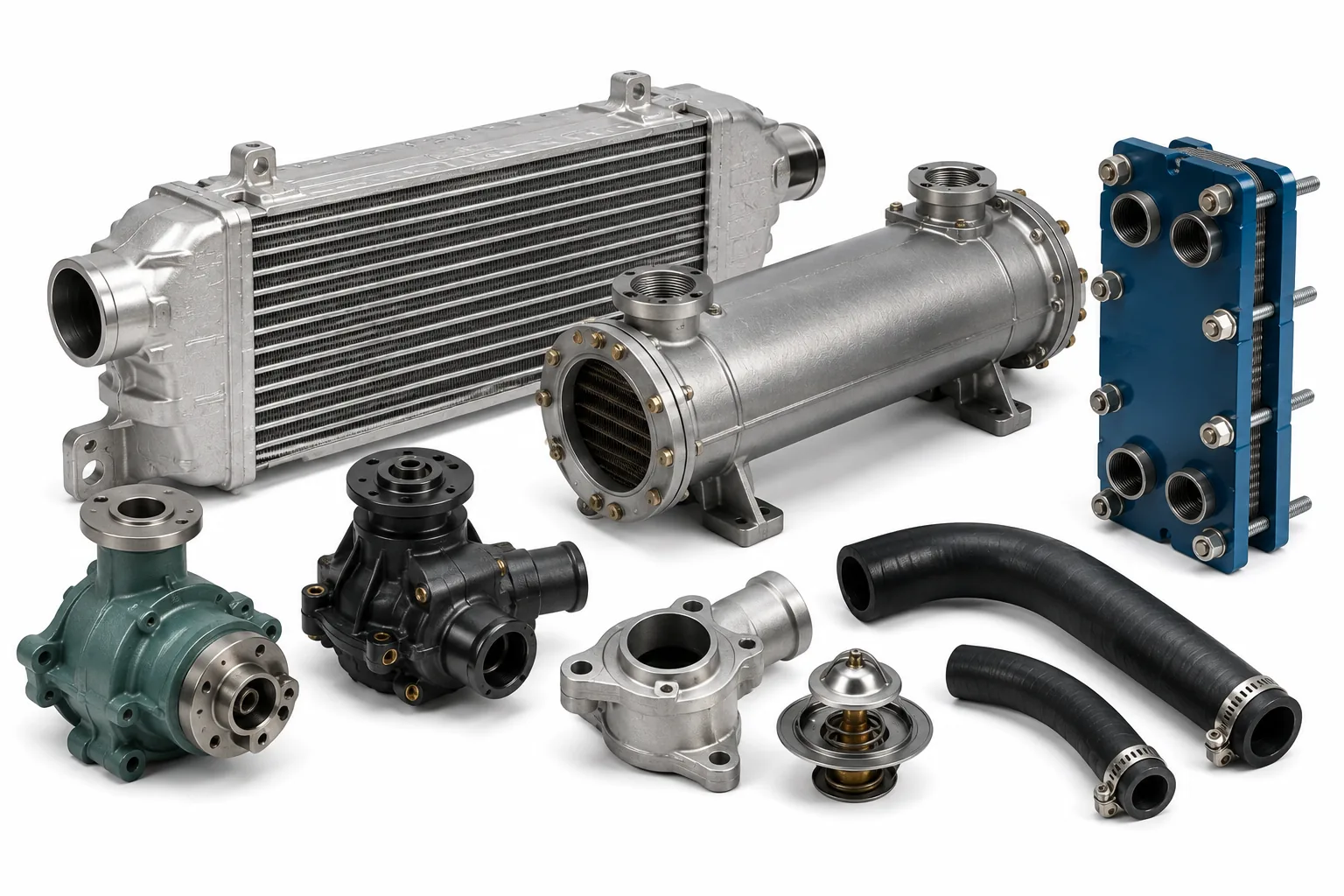 Marine engine charge air aftercoolers, heat exchangers, and cooling system treatment components by Alfa Marine.