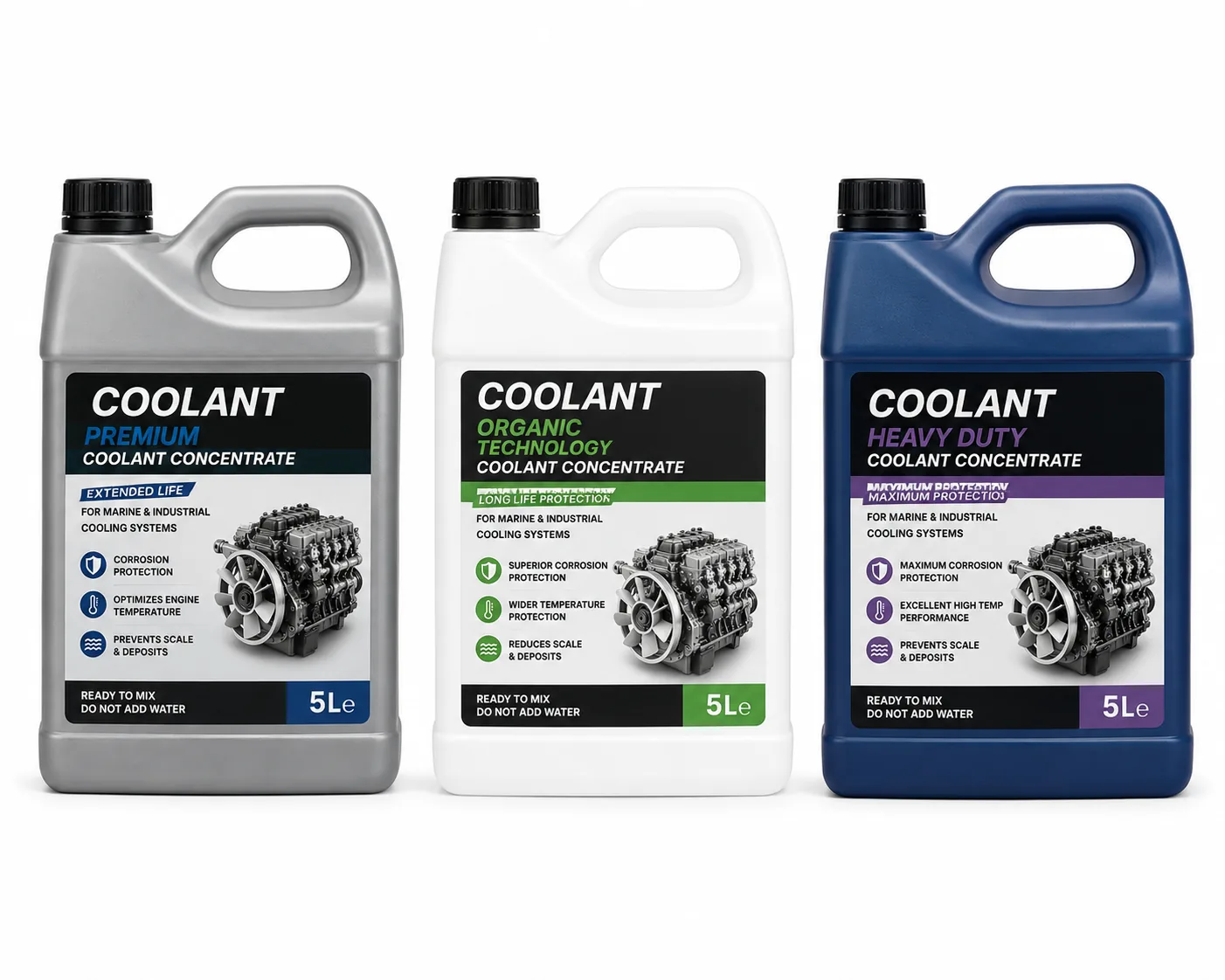 Heavy-duty marine diesel engine coolants, ready-to-use antifreezes, and premium heat transfer fluids for vessel cooling systems by Alfa Marine Spare Parts.