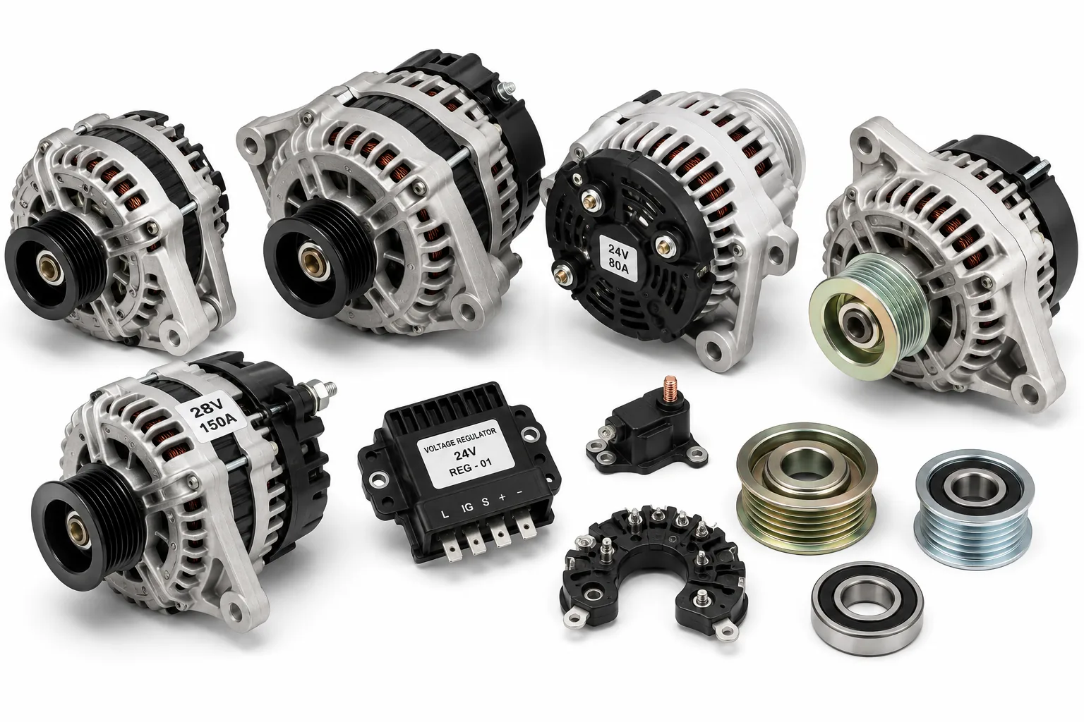 Heavy-duty industrial marine engine alternators and charging system components by Alfa Marine.