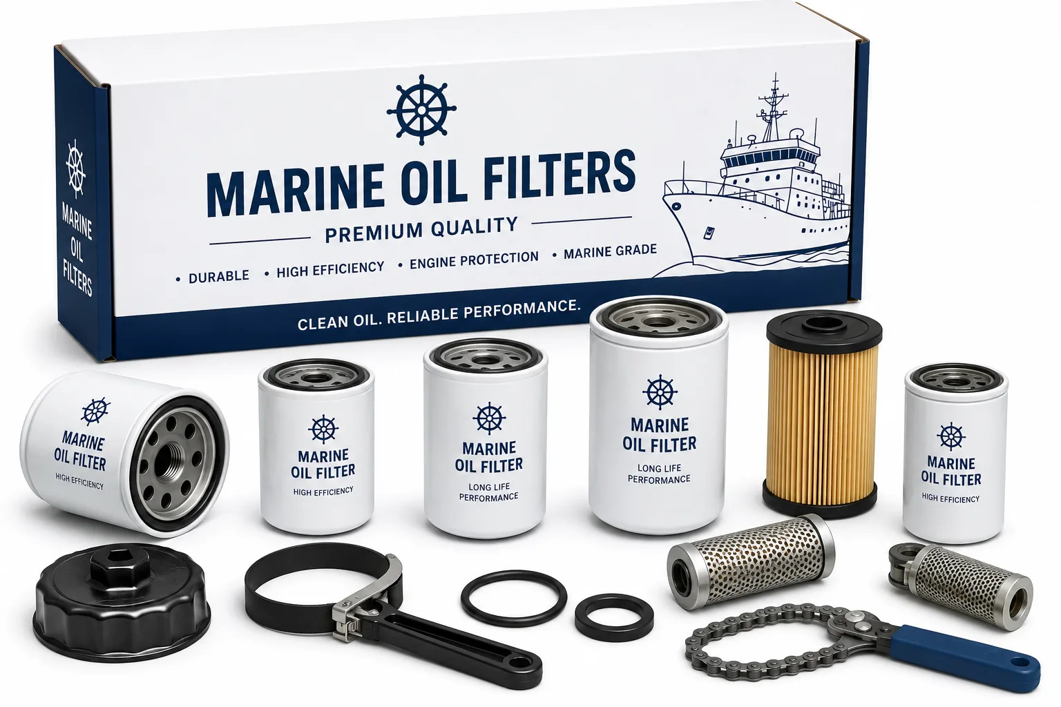 Heavy-duty marine engine lubricating oil filters, spin-on lube oil filter elements, and bypass filtration cartridges for vessel diesel engines by Alfa Marine Spare Parts.