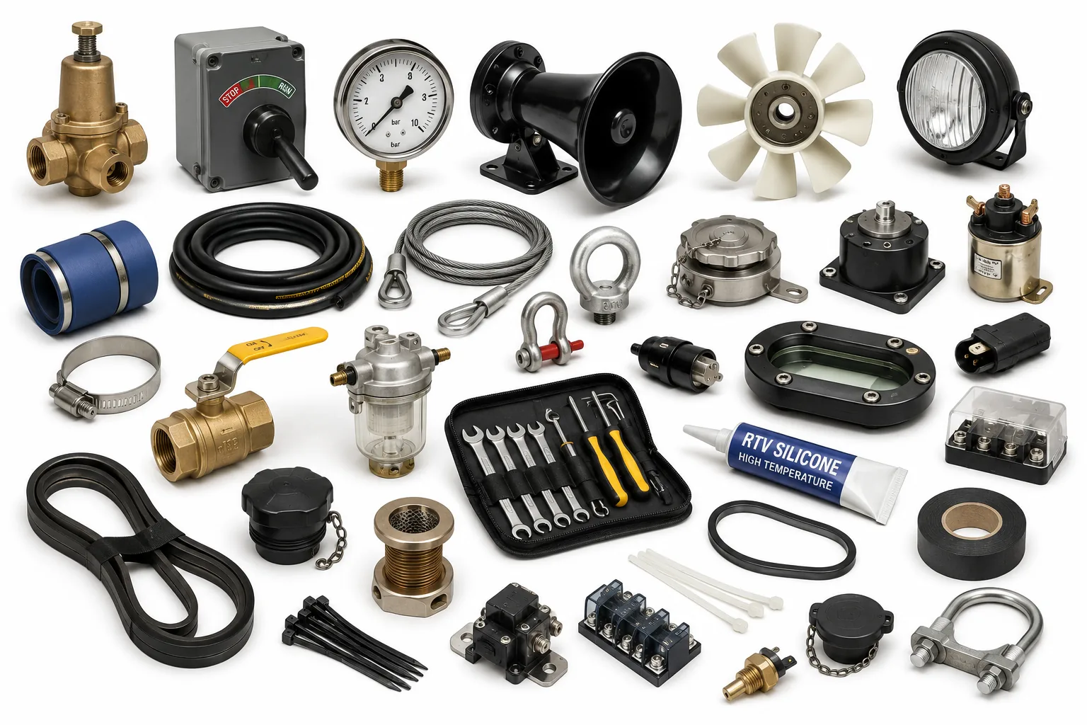Miscellaneous marine hardware, bracket assemblies, and hard-to-find vessel auxiliary components by Alfa Marine.