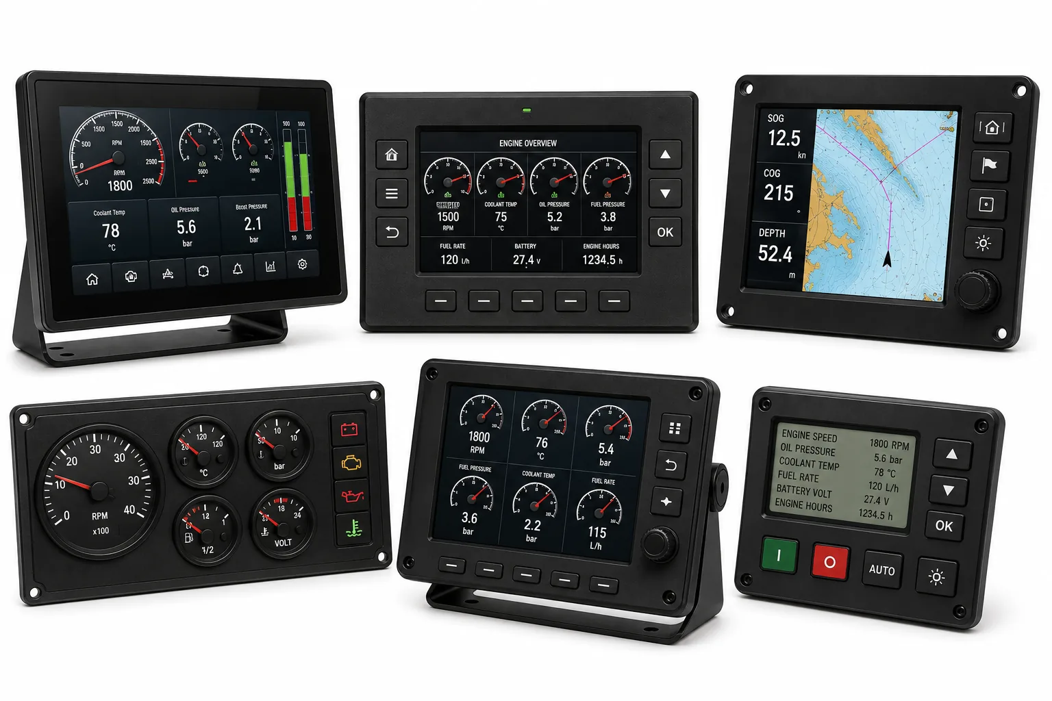 Digital marine engine instrument panels, bridge display monitors, and gauge clusters by Alfa Marine.