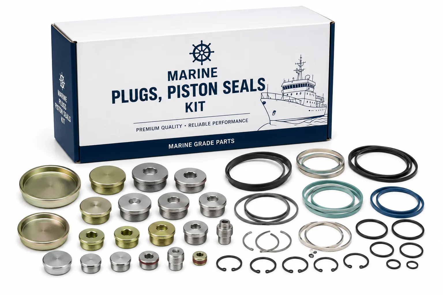 Commercial marine engine piston ring sets, compression seals, oil control rings, and expansion freeze plugs for diesel vessel engines by Alfa Marine Spare Parts.