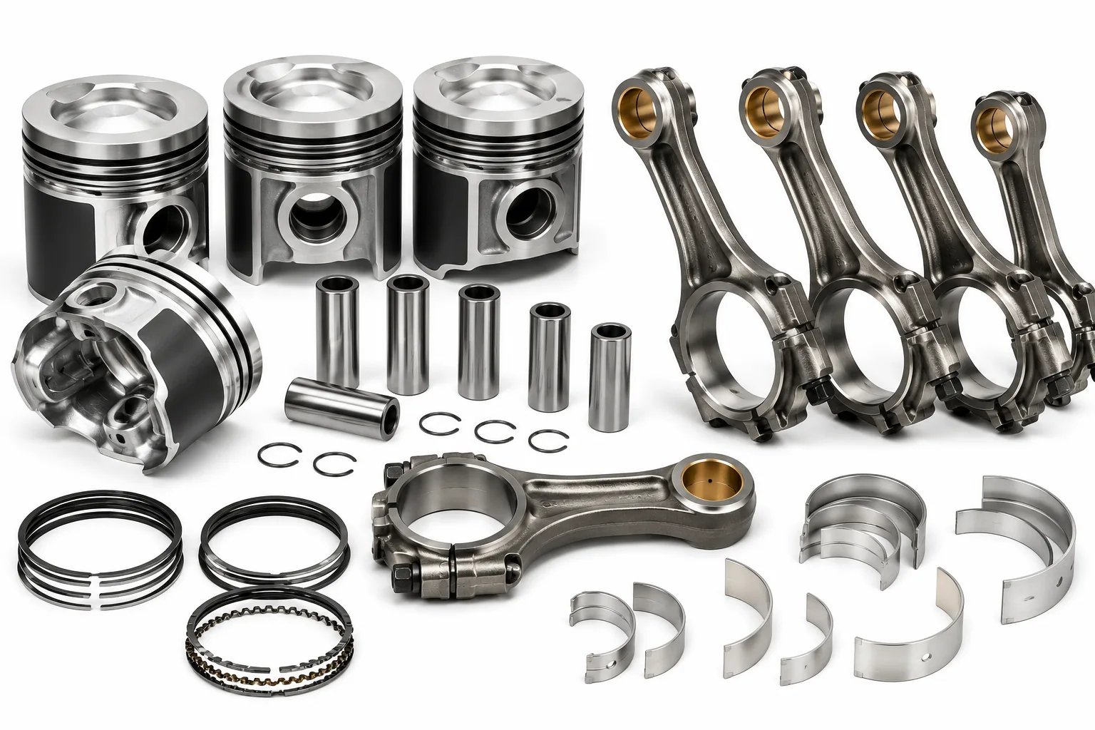 Marine diesel engine pistons, piston pins, retaining rings, and heavy-duty connecting rods by Alfa Marine.