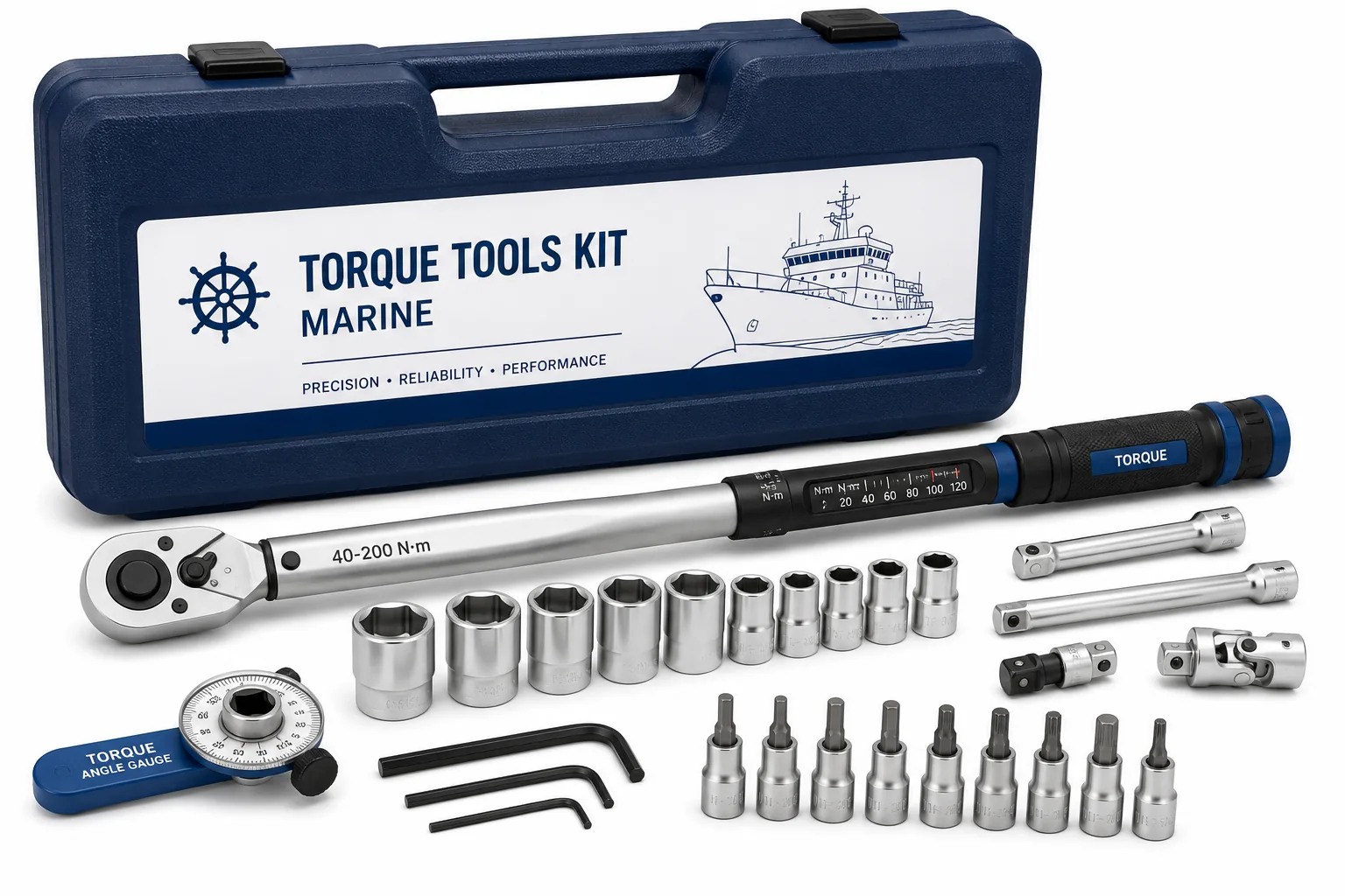Specialized marine engine torque tools, industrial precision torque wrench kits, and heavy-duty mechanical adjustment tools for vessel maintenance by Alfa Marine Spare Parts.