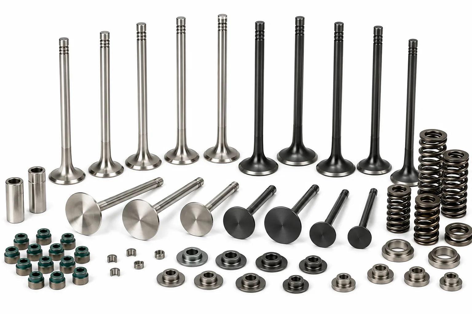 Intake and exhaust valves, valve guides, valve springs, and hardened valve seats for marine engines by Alfa Marine.