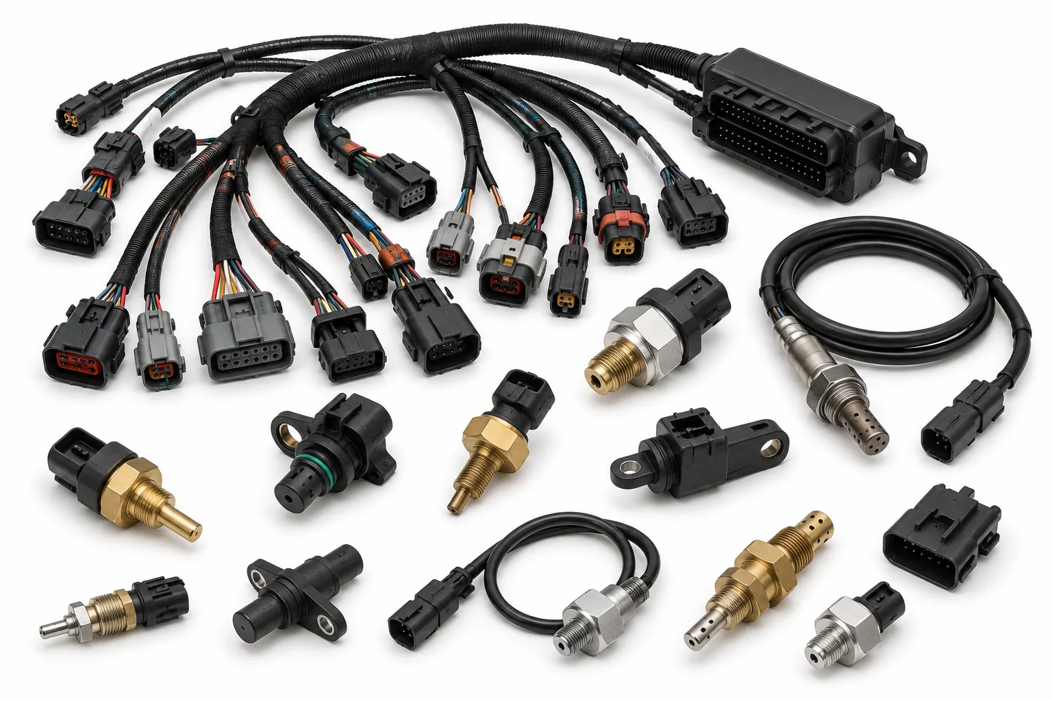 Electrical wiring harness assemblies, pressure sensors, and temperature senders for marine engines by Alfa Marine.