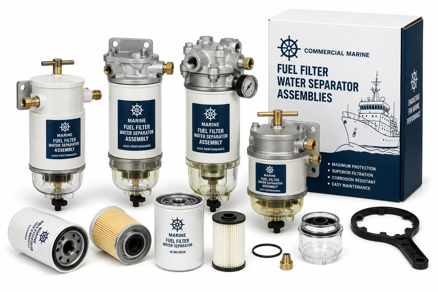 Commercial marine fuel filter water separator assemblies, duplex fuel filtration systems, and centrifugal water separators for vessel diesel engines by Alfa Marine Spare Parts.