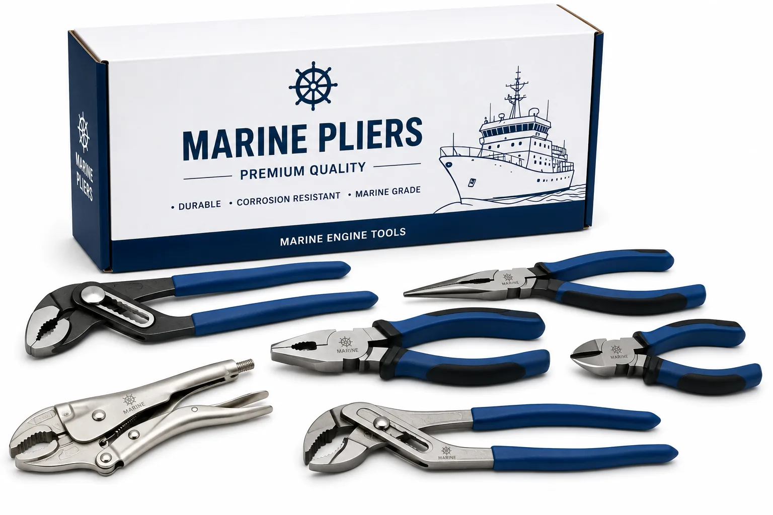 Heavy-duty marine grade pliers, corrosion-resistant stainless steel hand tools, wire cutters, and locking grip pliers for vessel maintenance by Alfa Marine Spare Parts.