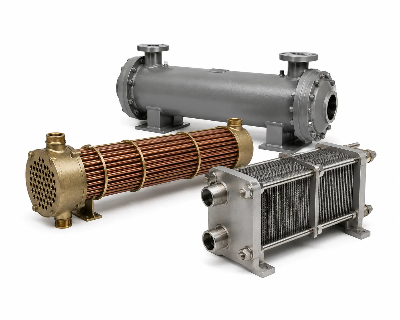 Commercial marine shell and tube heat exchangers, plate coolers, and replacement cooling bundle inserts for vessel engines by Alfa Marine Spare Parts.