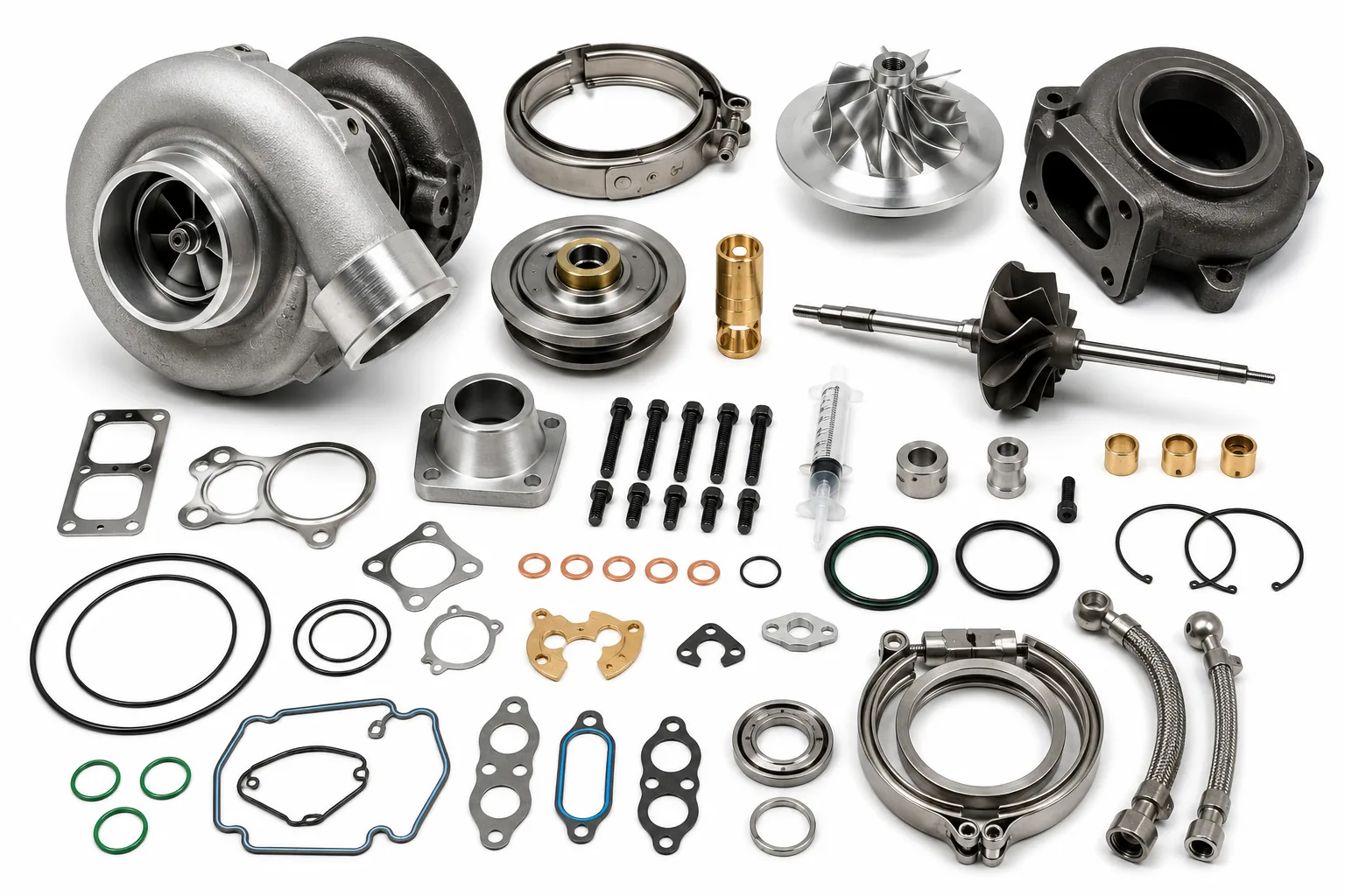 Complete marine turbocharger installation kits, gasket sets, mounting hardware assemblies, and service components by Alfa Marine Spare Parts.