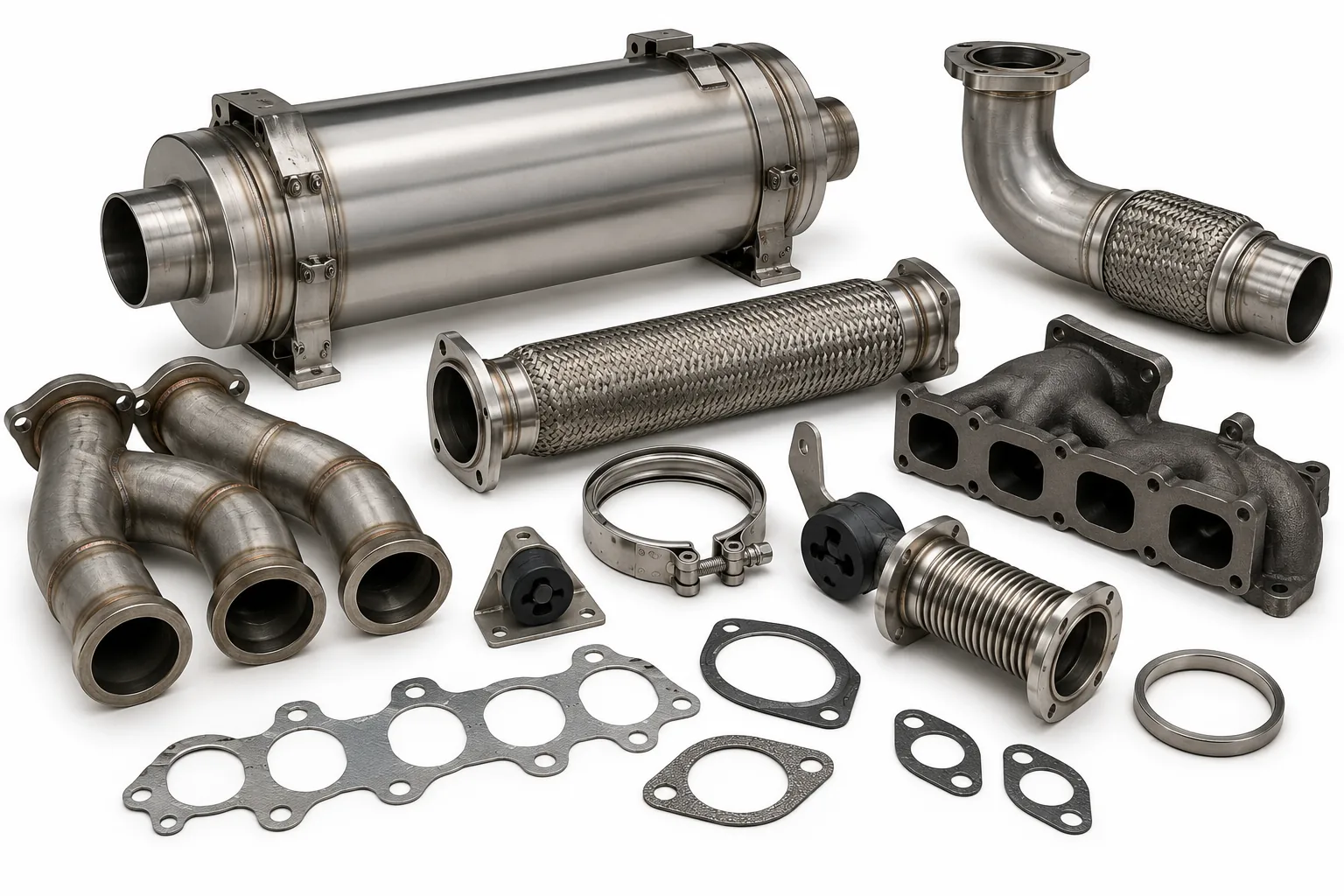 Complete marine engine exhaust system components, expansion bellows, and silencers by Alfa Marine.