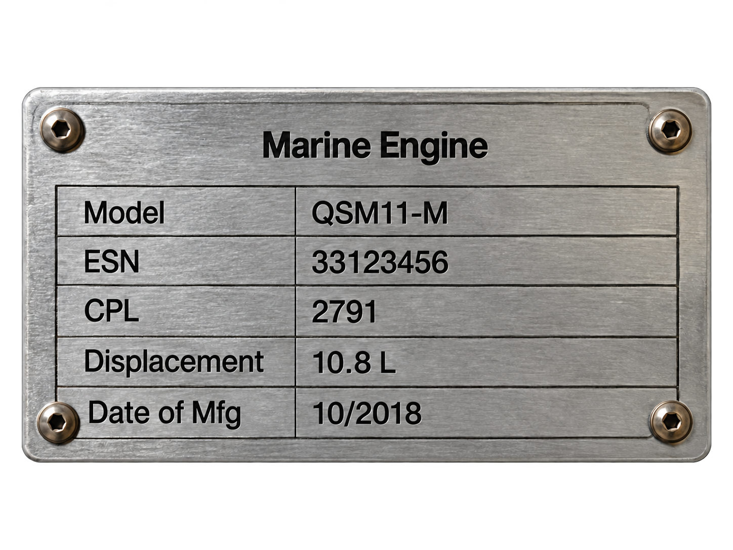 Example marine engine identification nameplate