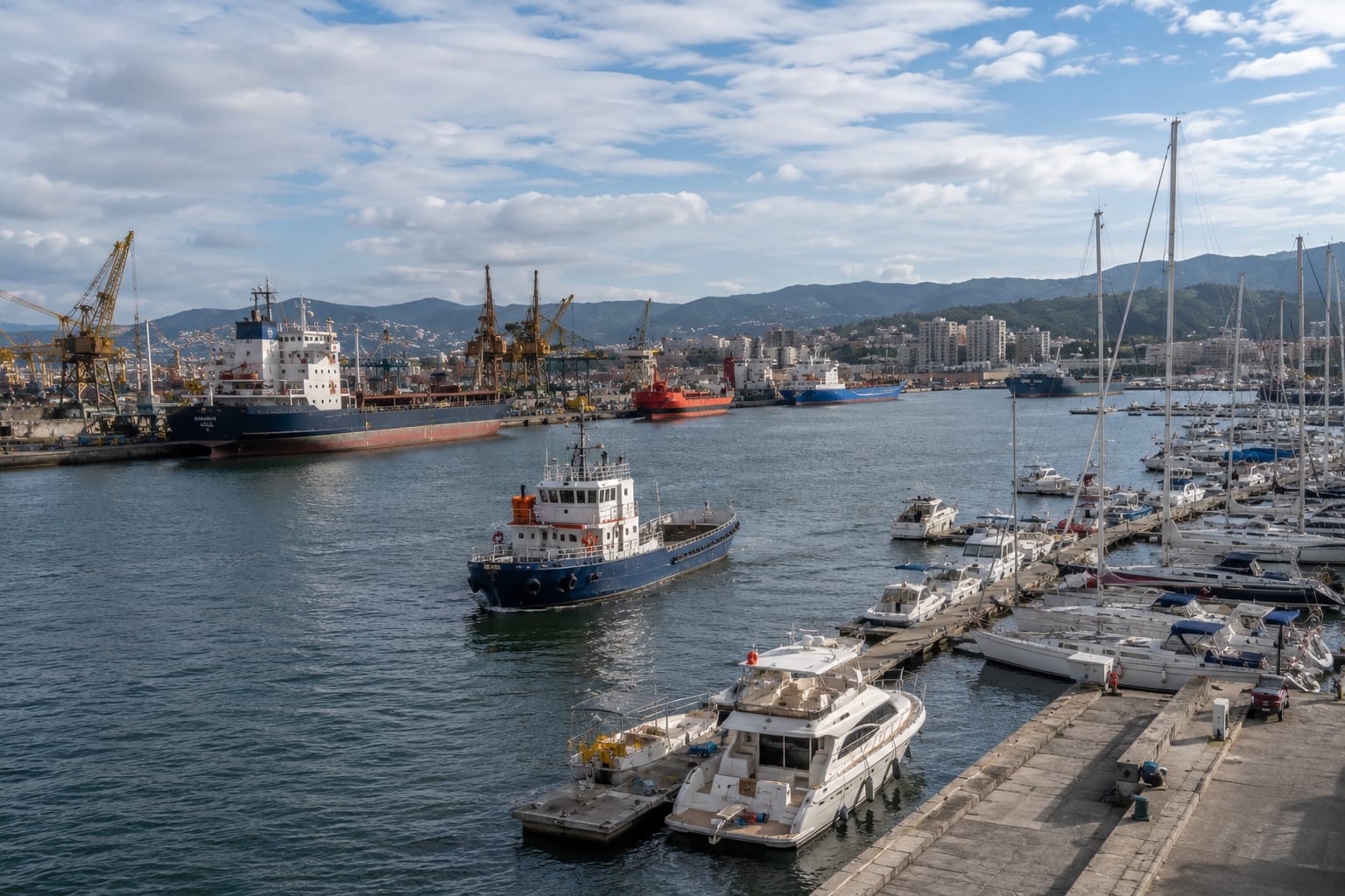 Commercial marine vessel at a working harbor